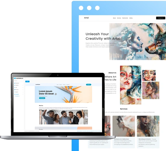 A digital mockup shows a laptop with a website open, placed before a larger screen displaying an art-themed website. Powered by gatehills, the best domain and hosting provider company, the layout is clean and modern with abstract portraits and images.