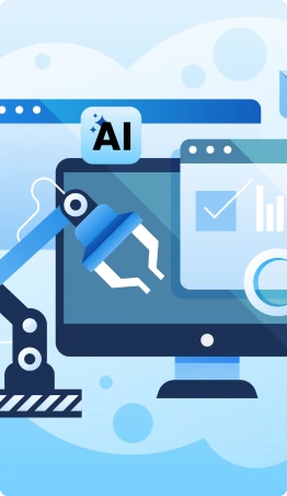 Gatehills AI-powered Website Builder illustration featuring a robotic arm building a website on a computer screen, with analytics, automation, and AI elements, highlighting smart web design tools integrated with domain registration and web hosting services.