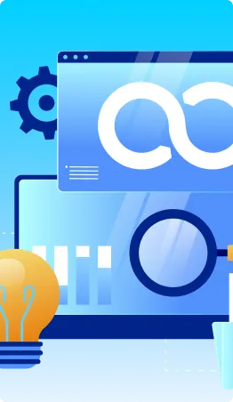 Illustration of a computer screen displaying a DevOps infinity loop with a magnifying glass, lightbulb, and gear — representing technology, innovation, and continuous integration. Ideal visual for promoting Gatehills Domain Services or buying domain solutions.