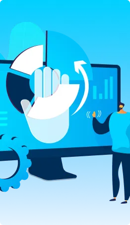 Illustration of a person standing next to a large screen with charts and graphs — representing data analysis, business insights, and analytics. Ideal for promoting Gatehills domain provider services or encouraging users to buy a domain for their business.