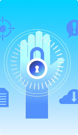 Illustration of a raised hand with a padlock in the center, surrounded by a circular security pattern — symbolizing cybersecurity and domain protection from Gatehills Domain Services. Background includes icons of a cloud, document, warning sign, and target.