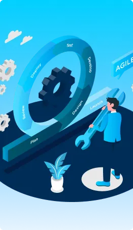 Illustration of a person holding a wrench next to a large gear and a circular Agile development diagram — symbolizing software development, flexibility, and optimization. Background features small gears and clouds, with relevance to Gatehills domain provider and buy domain services.