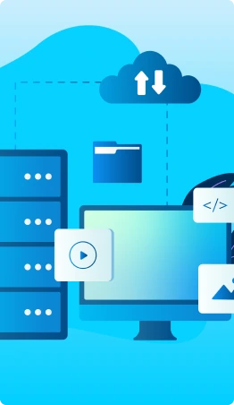 Illustration representing Gatehills Web Hosting and domain registration services, featuring a server rack, a desktop monitor, a cloud icon for file upload and download, and various digital content symbols like code, folder, and media — symbolizing secure website hosting, cloud storage, and domain management.