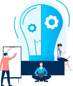 Illustration of three people collaborating—one drawing on a flip chart, another seated cross-legged with a laptop, and a third working on a bench. A large blue lightbulb with gears in the background represents innovation—ideal for showcasing domain registration or buy domain services from Gatehills.