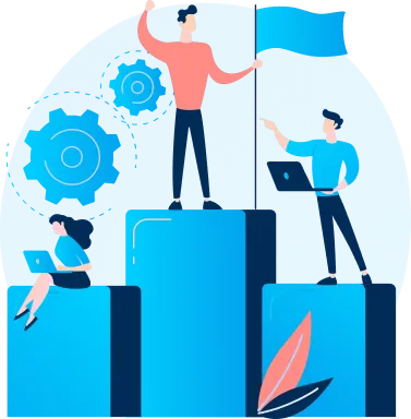 Illustration of three people with laptops on blue blocks—one holding a flag—with gears and leaves in the background, symbolizing teamwork, success, and achievement through domain registration with Gatehills.