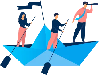Illustration of three business professionals on a large paper boat—two rowing with paddles and one looking ahead through a telescope—symbolizing teamwork, direction, and success after domain registration with Gatehills.