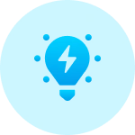 Blue circular icon of a light bulb with a lightning bolt inside, surrounded by small dots — representing innovation and bright ideas, ideal for Gatehills domain provider or buying domain names for your next big project.
