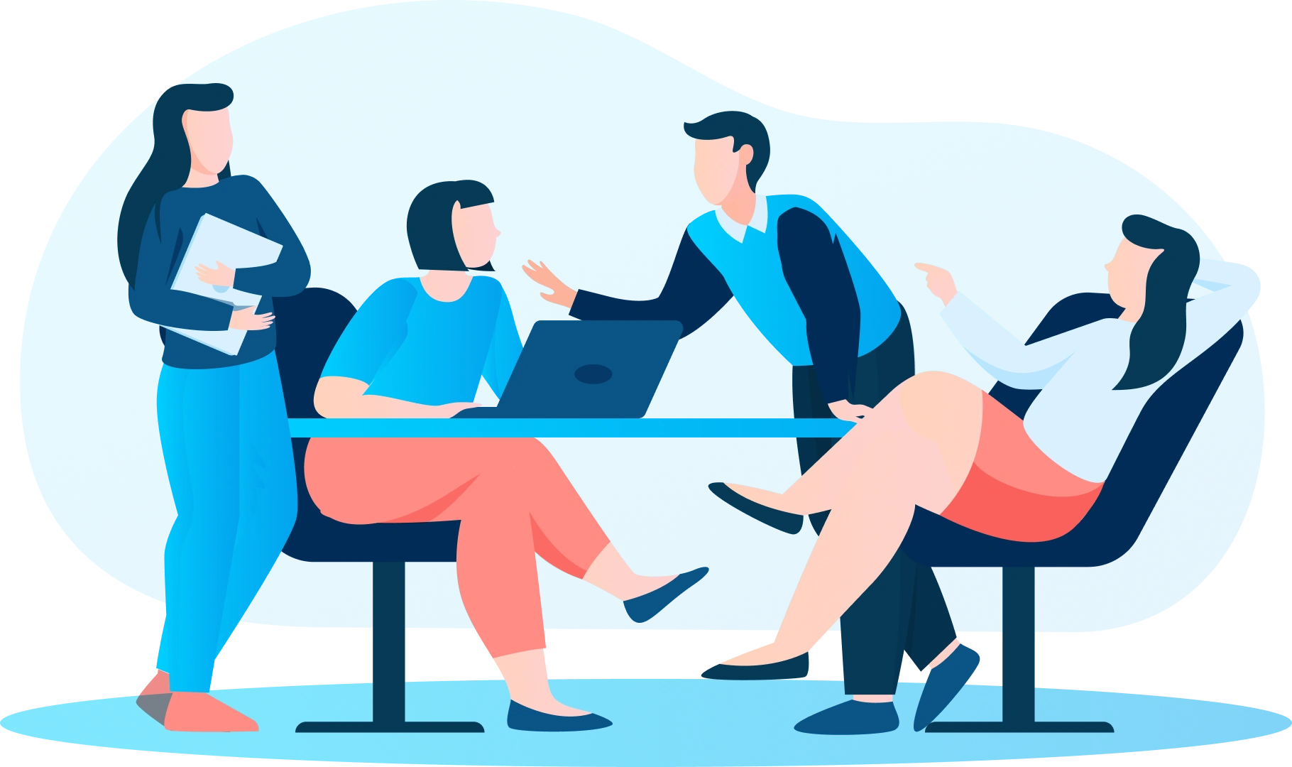 Modern illustration of four people in a collaborative meeting around a table — one standing with documents, another using a laptop, and two seated in discussion. Bright colors and clean design reflect the style of Gatehills domain provider, symbolizing teamwork and digital collaboration.