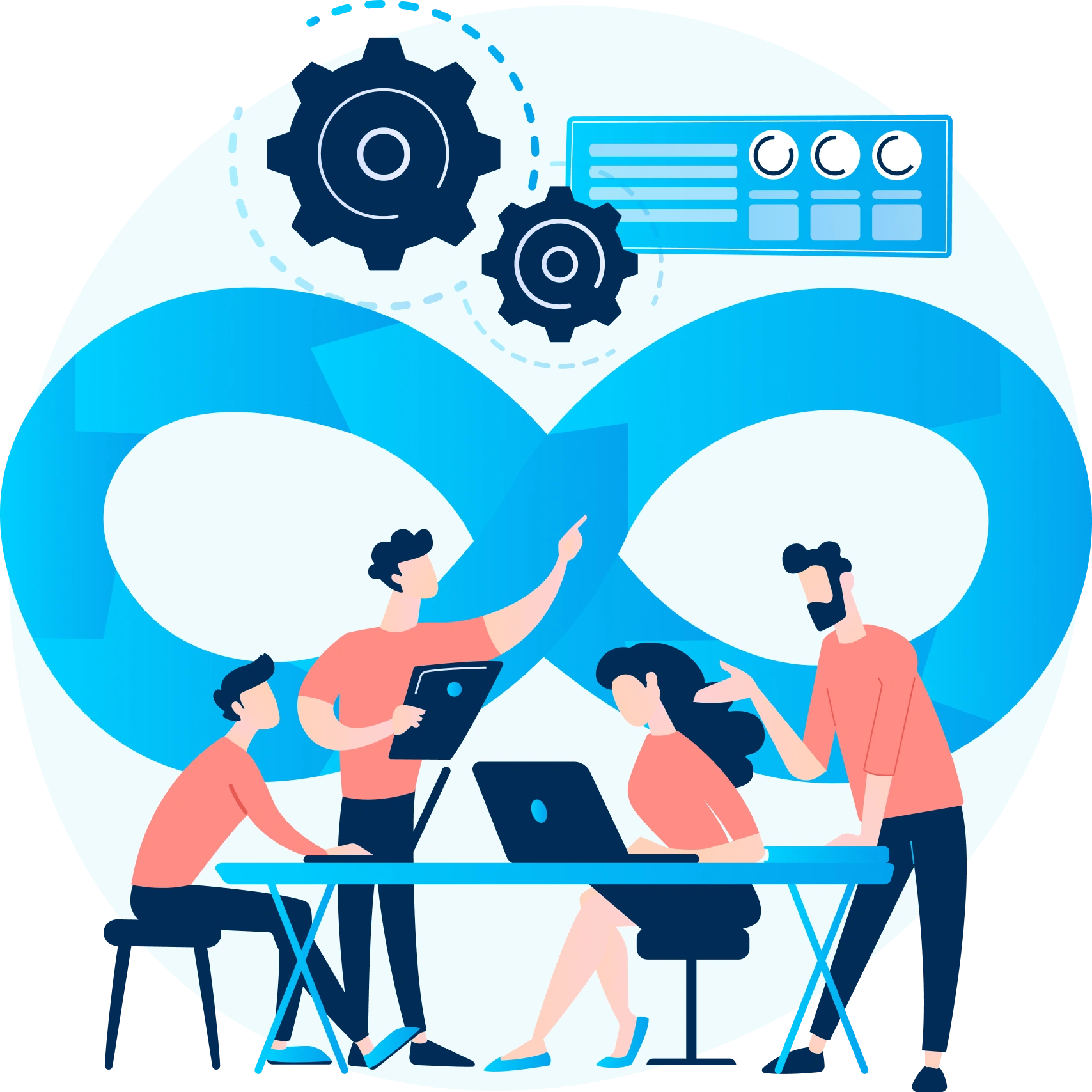 Four people working with laptops around a table, with a blue infinity symbol, gears, and dashboard in the background—symbolizing teamwork and continuous integration with Gatehills domain provider.