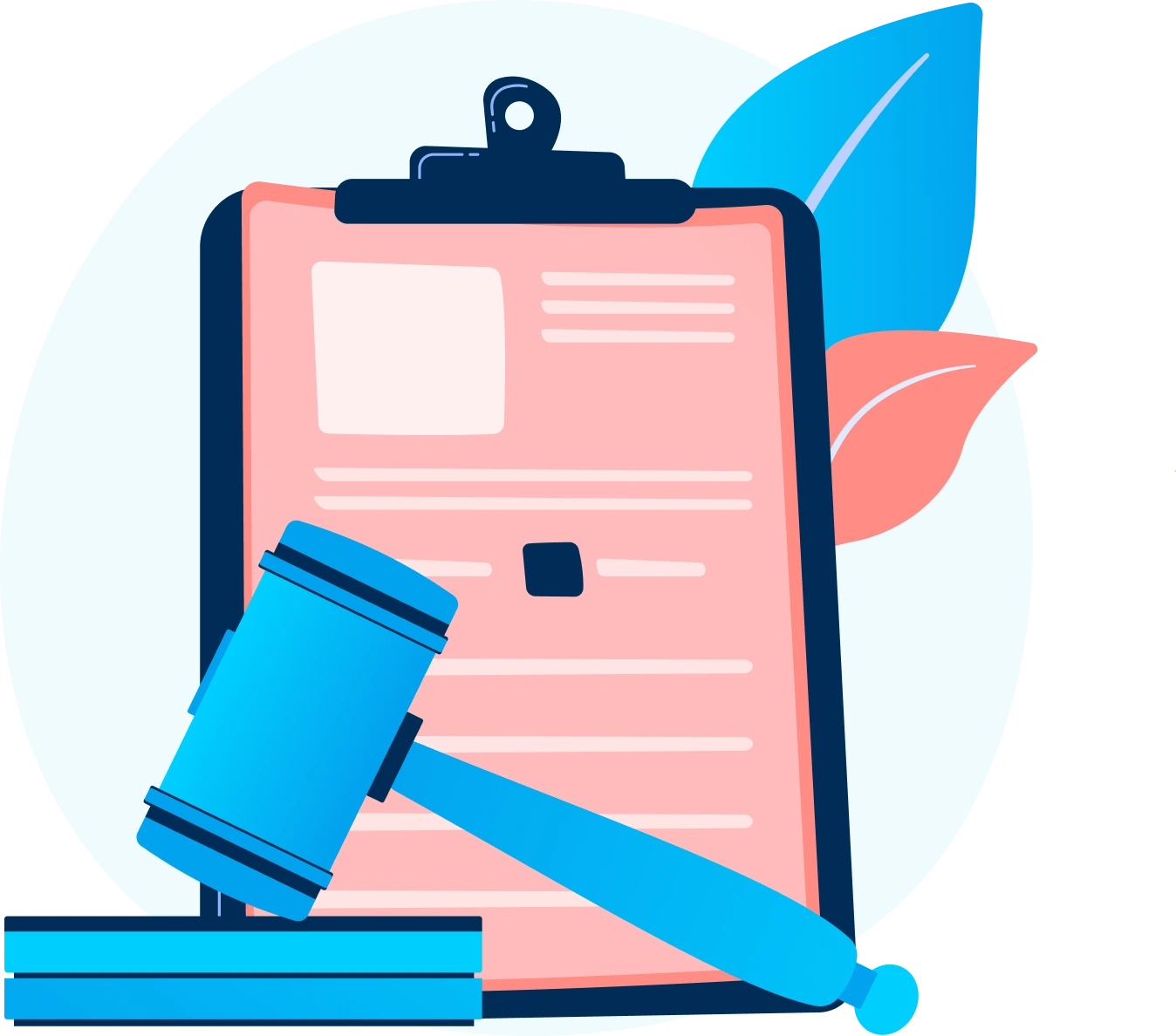 Illustration of a blue gavel in front of a pink clipboard with documents and leaves—symbolizing legal services, ideal for buying a domain or using Gatehills domain provider services.