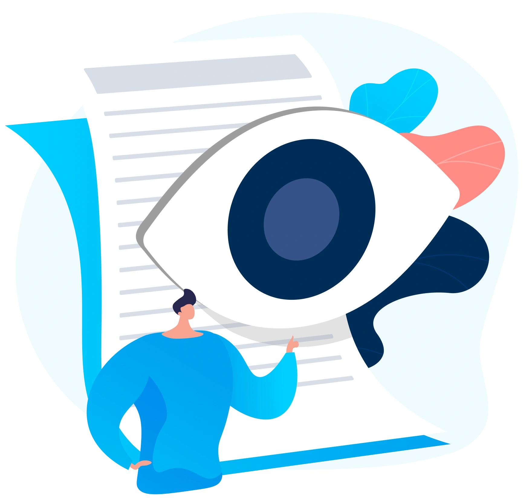 Illustration of a person beside a large eye icon on a document—symbolizing review, observation, or data privacy, ideal for Gatehills domain name registrar or buying an .ae domain.