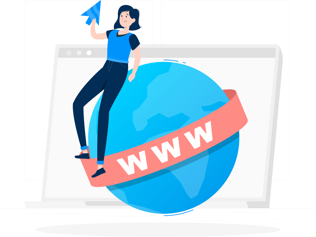 Illustration of a woman sitting on a globe with a 'WWW' banner, symbolizing global web presence and domain registration