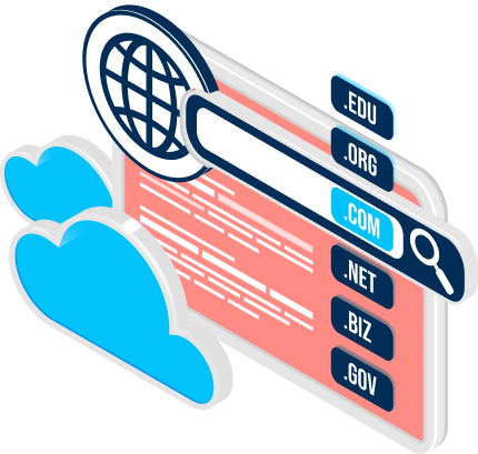 Illustration of a web search page showing domains list .com, .ae, .uk in search