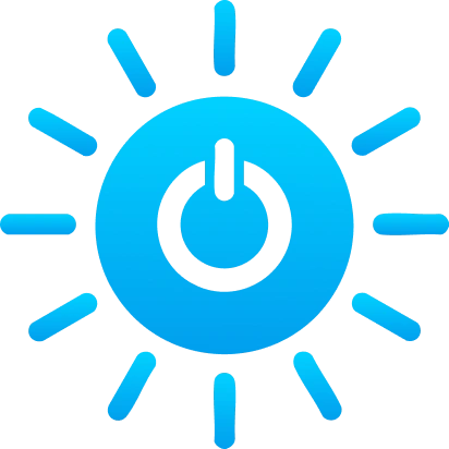Blue icon of a power button inside a sun with radiating rays—symbolizing energy and ideal for Gatehills domain name registrar or buying an .ae domain for a powerful online presence.