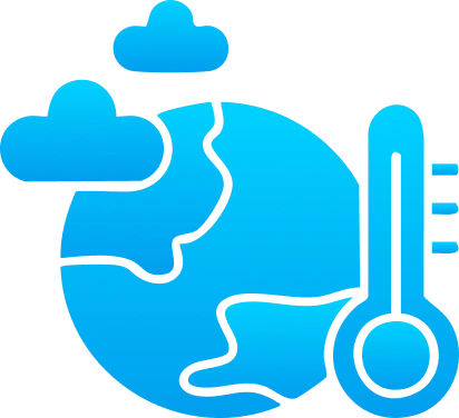 Blue icon of Earth with clouds and a large thermometer—symbolizing global warming, ideal for environmental sites using Gatehills domain name registrar to buy domain names like .ae domains.