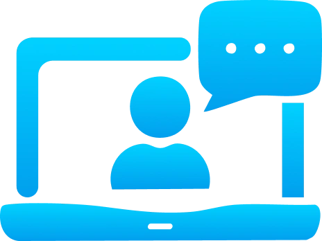 Blue icon of a person on a laptop screen with a speech bubble—symbolizing virtual communication, ideal for businesses buying an .ae domain with Gatehills domain name registrar.