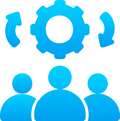 Three blue human figures beneath a gear with circular arrows—symbolizing teamwork and collaboration, ideal for showcasing your business when buying an .ae domain from Gatehills domain name registrar.