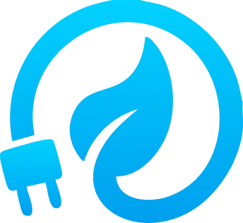 Blue icon of an electrical plug forming a circular cord with a leaf—symbolizing eco-friendly energy, ideal for buying an .ae domain with Gatehills domain name registrar.