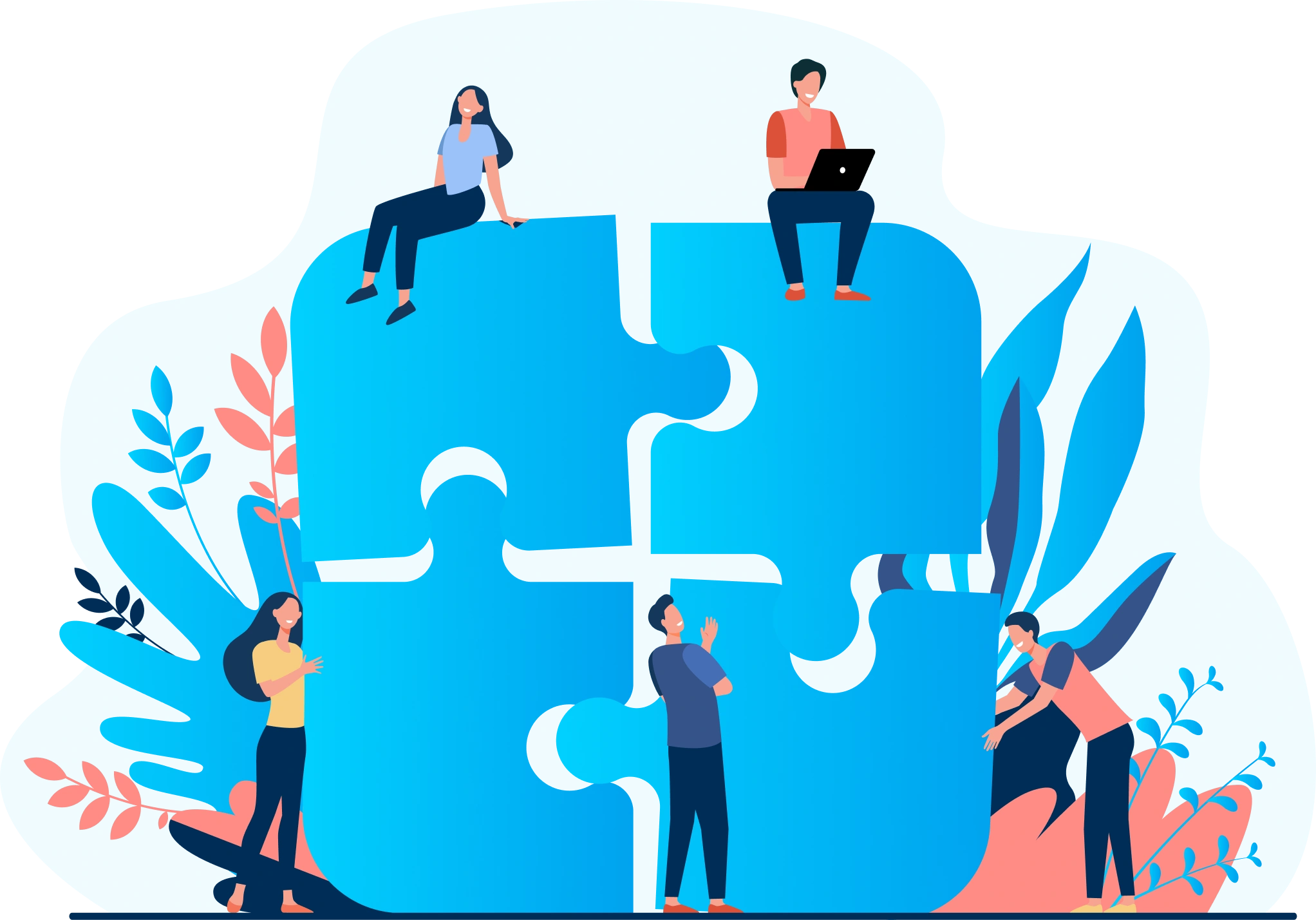 Four people interacting with large blue puzzle pieces, symbolizing teamwork—ideal for showing how Gatehills domain name registrar helps your team buy a domain with ease.