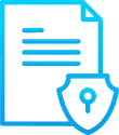 Blue outlined icon of a document with lines of text and a shield featuring a keyhole, symbolizing security or protection of information—ideal for illustrating Domain name Registration service by gatehills.