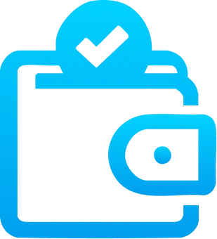 Blue outline icon of a wallet with a checkmark on top, symbolizing secure payments, financial approval, and trust—ideal for showcasing safe domain name purchases with Gatehills.
