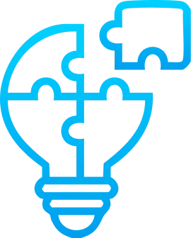 Blue line icon of a light bulb with puzzle piece outlines inside, symbolizing creative problem-solving and innovation—ideal for promoting smart solutions like domain name registration with Gatehills.