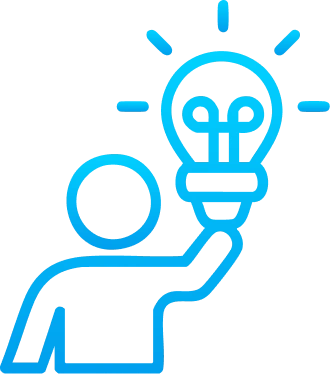 Blue line drawing of a person holding up a hand with a lightbulb above it, symbolizing creativity, innovation, and bright ideas—perfect for illustrating smart solutions like domain name registration with Gatehills.