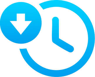 Blue clock icon with a counterclockwise arrow integrated into its outline and a downward arrow inside a circle at the top left—symbolizing download history or recent activity. Ideal for illustrating efficient domain name registration or buy domain services through Gatehills.