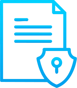 Blue line illustration of a document with text lines next to a shield featuring a keyhole—symbolizing secure data handling and protection. Ideal for promoting secure domain name registration or buying an AE domain through Gatehills.