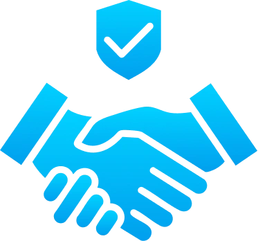 Blue icon of two hands shaking, symbolizing agreement and partnership. A shield with a check mark above them represents trust and secure domain name registration—perfect for showcasing Gatehills as a reliable provider to buy domain names.