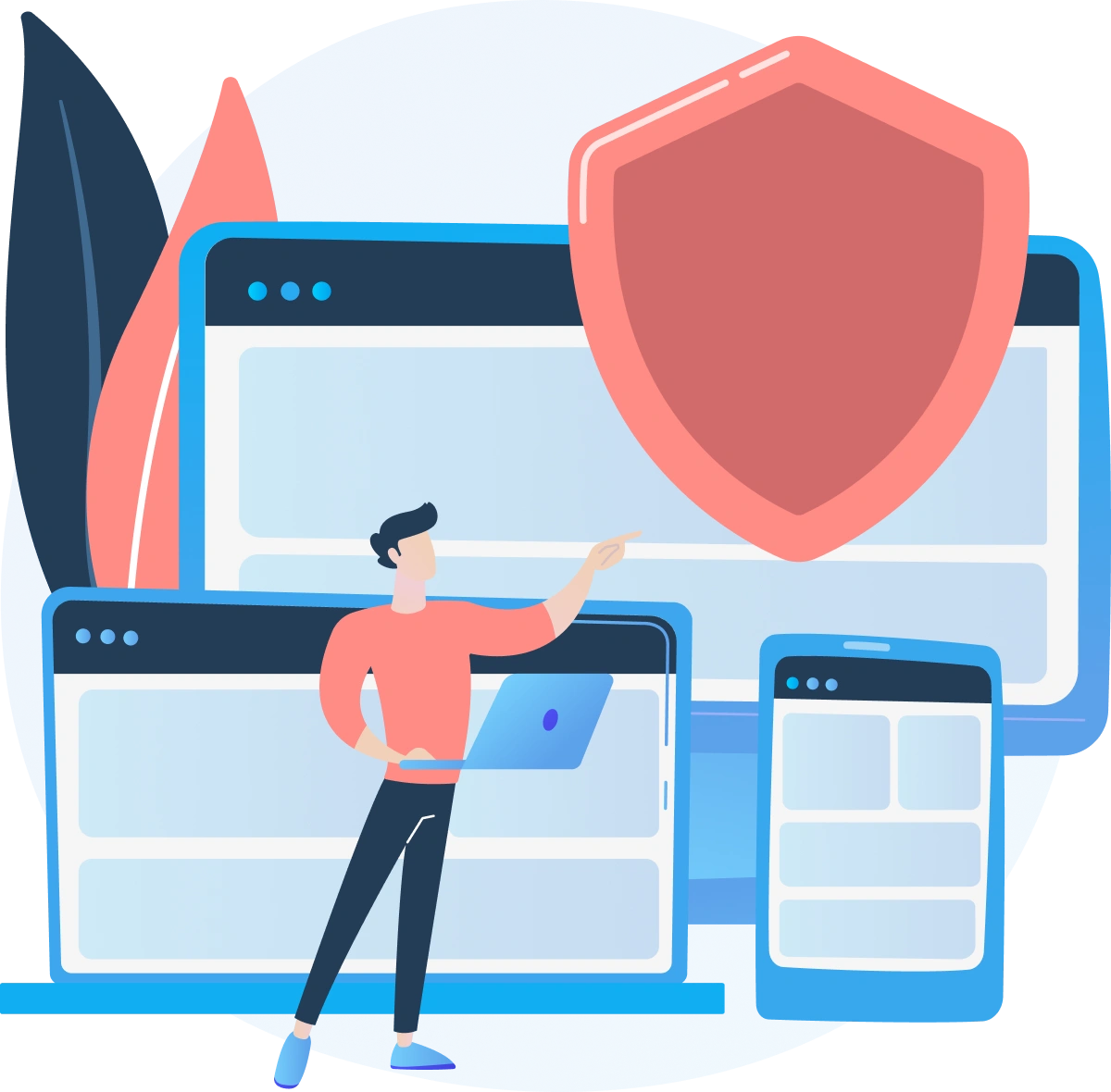 Illustration of a person holding a laptop and pointing toward a large shield, with browser windows and a smartphone in the background—symbolizing cybersecurity and online protection. Perfect for highlighting secure domain name registration with Gatehills.