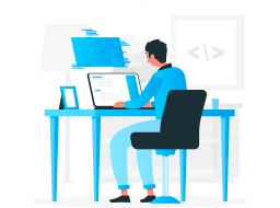 An illustration of a person at a desk, working on a laptop with code displayed—perfect for those looking to buy domain names or explore gatehills domain provider. The setup includes a tablet, cup, and a coding symbol framed in the background.