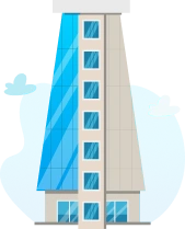 Modern office building with blue windows and beige facade, representing businesses purchasing domain names from Gatehills Domain Provider — set against a cloud-filled blue background.