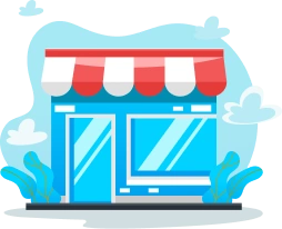 Blue storefront illustration with red-and-white striped awning, plants, and cloud background — representing a digital marketplace or domain buying platform like Gatehills.