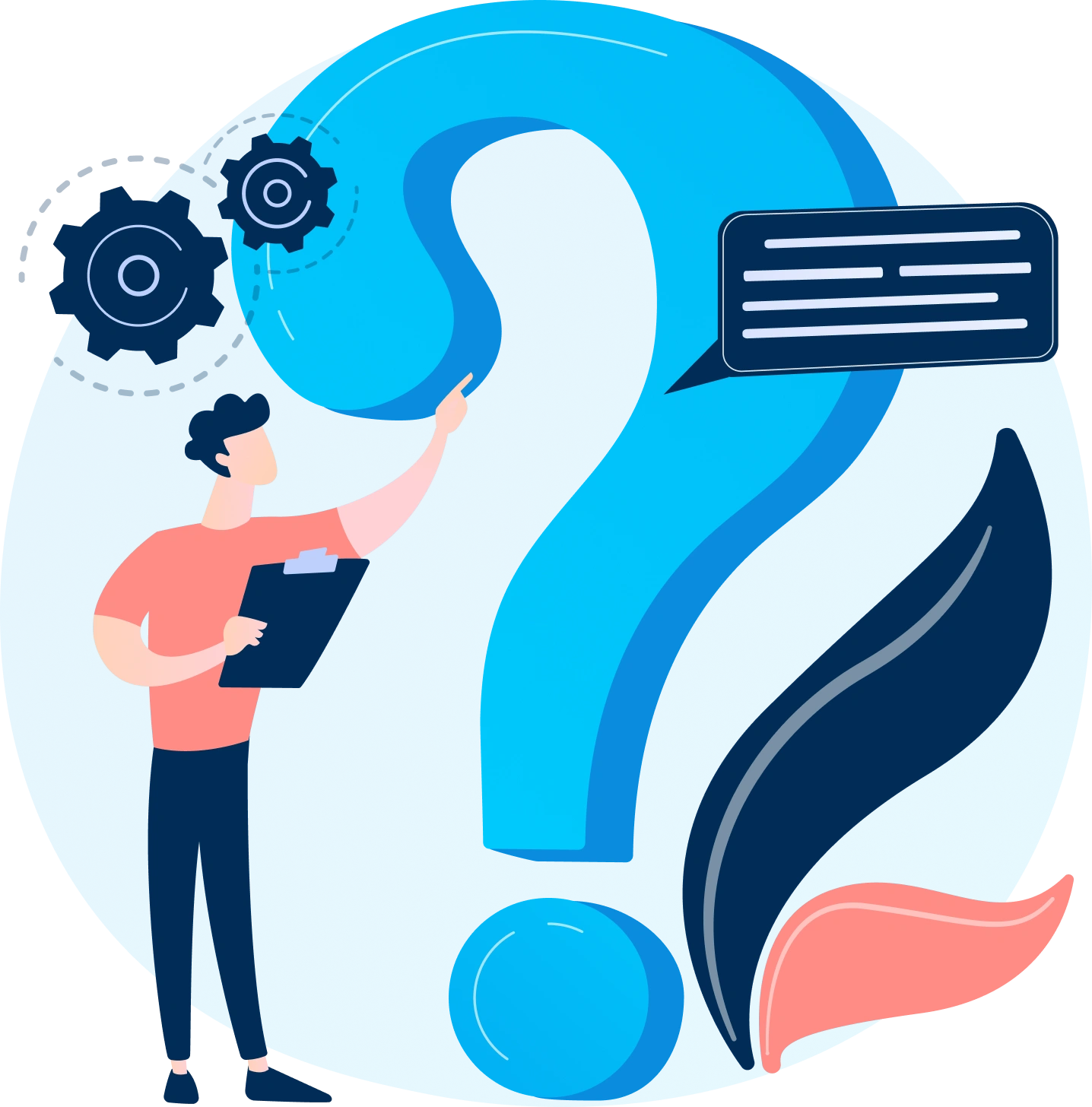 Illustration of a person holding a clipboard, pointing at a large question mark with gears and a speech bubble, symbolizing inquiry or problem-solving—perfect for learning how to buy domain names with Gatehills Domain Provider.