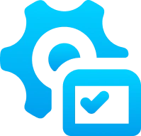 Blue gear icon with a checkmark in a square, symbolizing confirmed system settings, verified configuration, or successful setup.