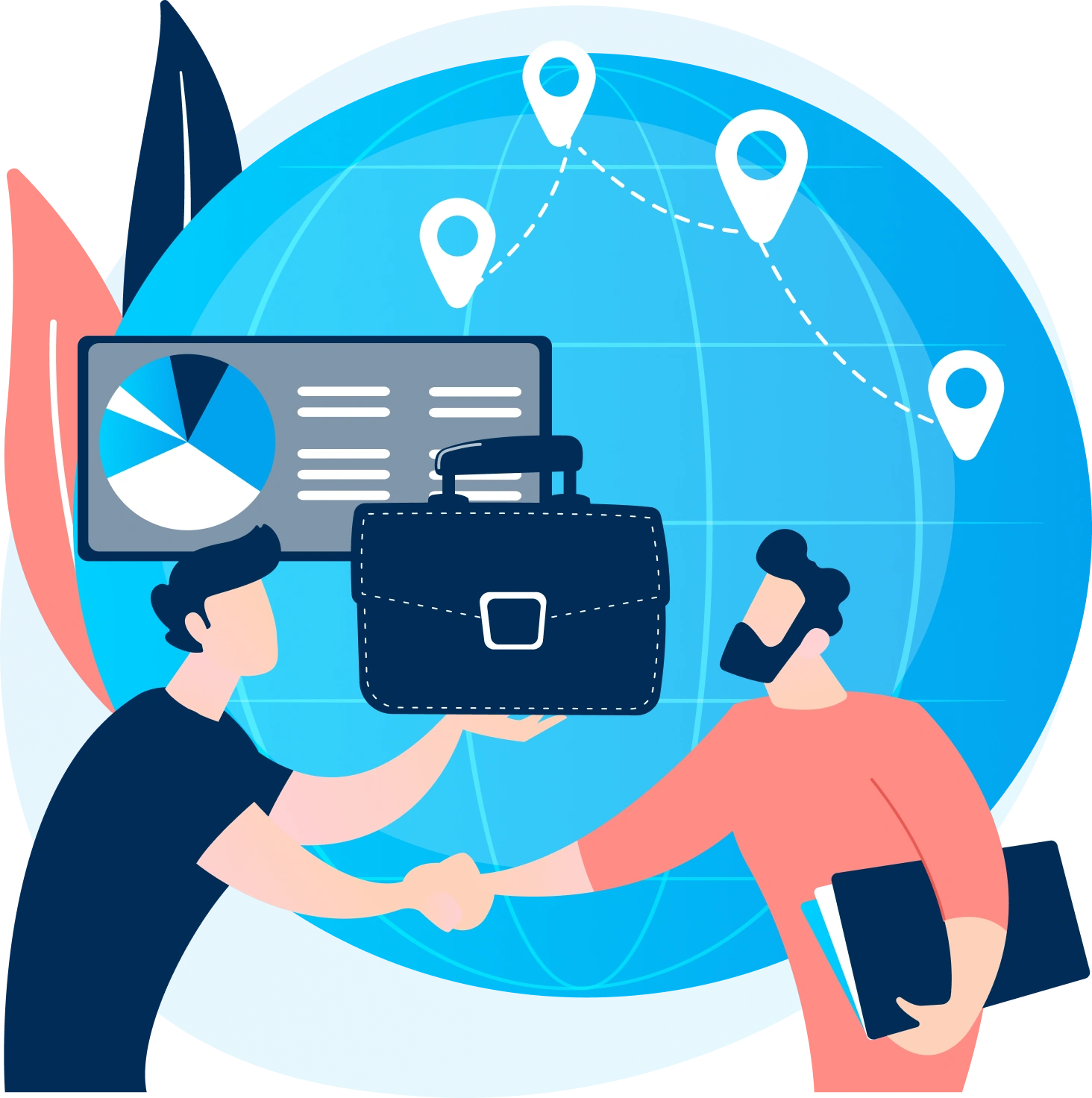 Illustration of a global business deal with two people shaking hands, a globe with location markers, pie chart, and briefcase — symbolizing domain acquisition or partnership via Gatehills.
