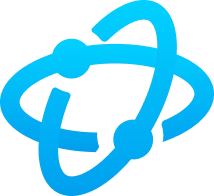 Blue atomic symbol with intersecting elliptical paths and circular nodes — representing science, technology, or innovation on a clean white background.