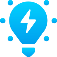 Blue gradient light bulb with a white lightning bolt and dotted accents — symbolizing creativity, innovation, and powerful ideas in tech or business.