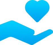 Open hand icon with a heart above, in a blue gradient style — representing kindness, support, donations, or giving.
