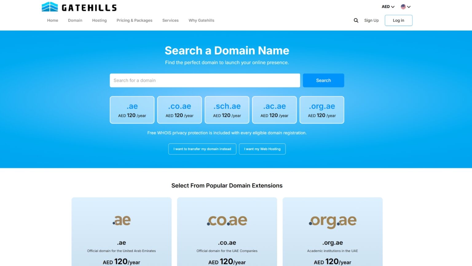Gatehills website page showing a search tool for domain names with .ae, .sch.ae, .org.ae, and .co.ae options, plus pricing and extension details below.