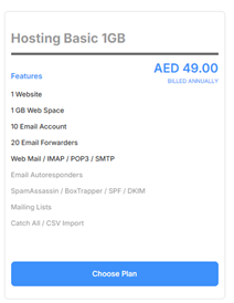 Hosting Basic 1GB plan details: AED 49.00 billed annually, includes 1 website, 1GB web space, 10 email accounts, 20 email forwarders, web mail and protocols. "Choose Plan" button at bottom.