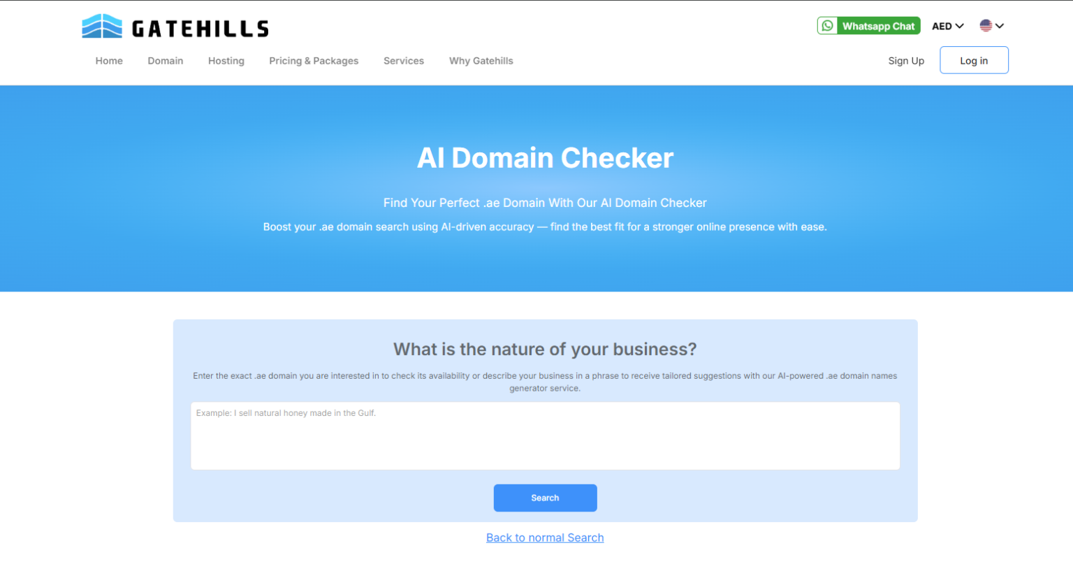 Screenshot of GATEHILLS' AI Domain Checker webpage showing a search form asking about the nature of the user's business to suggest domain names using AI.