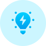 Blue circular icon of a light bulb with a lightning bolt inside, surrounded by small dots — representing innovation and bright ideas, ideal for Gatehills domain provider or buying domain names for your next big project.