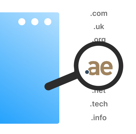 Illustration of a web browser window with a list of domain extensions on the right; a magnifying glass highlights the .ae domain in the list, showcasing Gatehills—use the best domain and hosting provider company for your website needs.