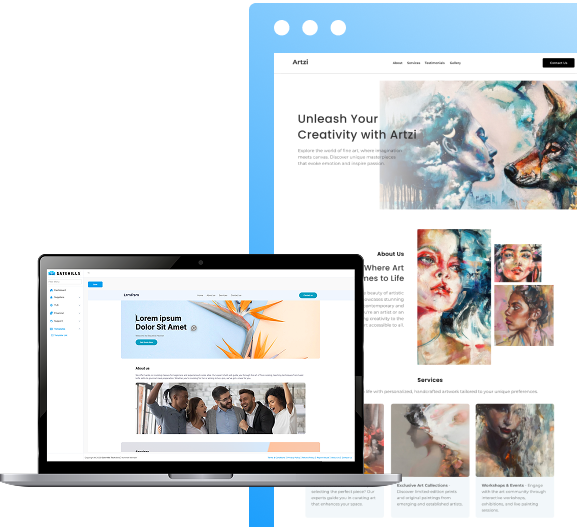 A digital mockup shows a laptop with a website open, placed before a larger screen displaying an art-themed website. Powered by gatehills, the best domain and hosting provider company, the layout is clean and modern with abstract portraits and images.