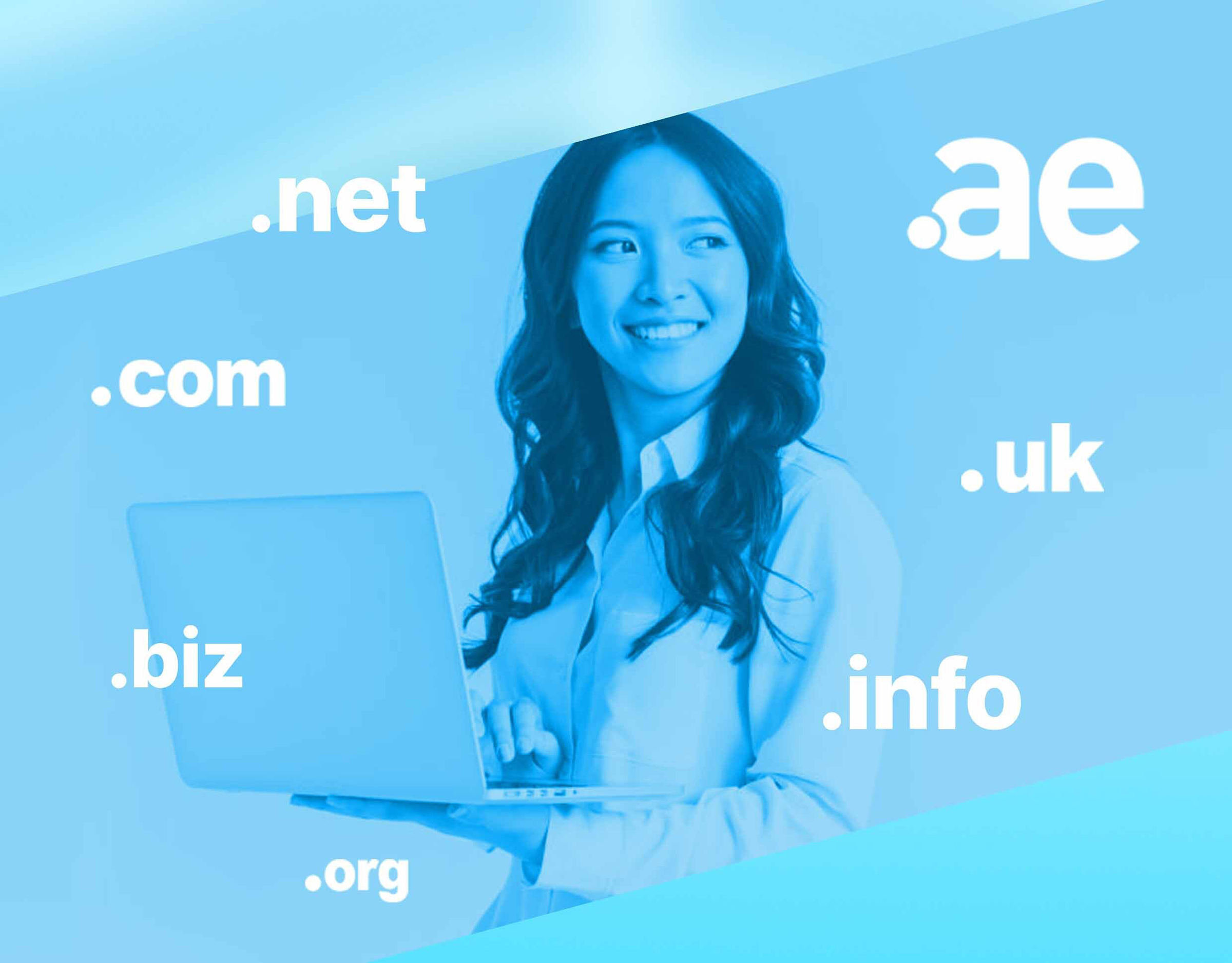 Girl holding laptop showing gatehills have wide range of domain extensions
