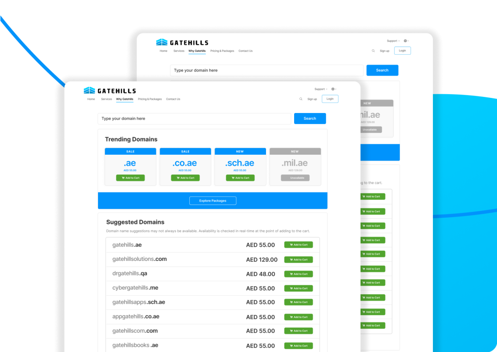 Gatehills domain search interface showing trending and suggested domain names with pricing and availability options.