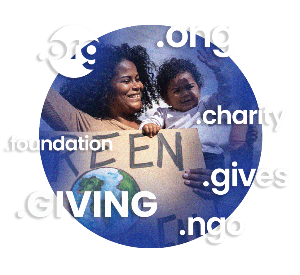 An inspiring image of a woman and child holding a sign with the word 'GIVING', framed by cause-related TLDs like .foundation and .charity, which Gatehills offers to non-profits.