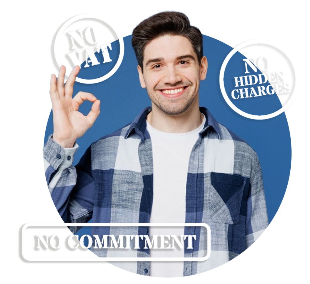 GateHills promotion: Man with "No VAT," "No Hidden Charges," "No Commitment" offers.